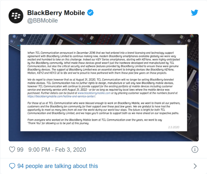 BlackBerry Mobile công bố dấu chấm hết cho triều đại BlackBerry TCL